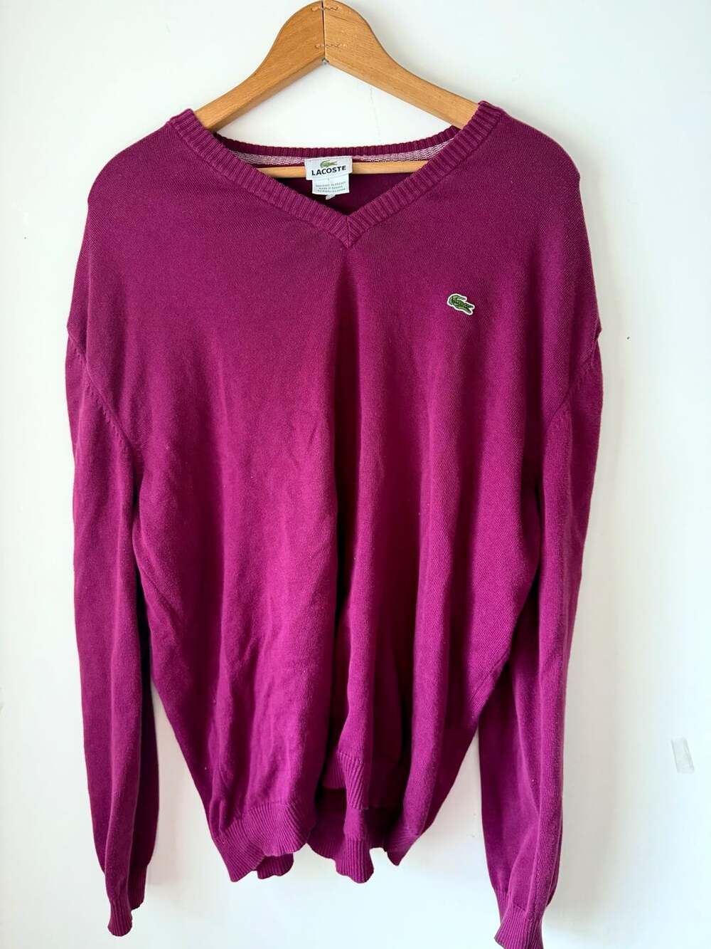 Vintage Lacoste Berry Purple V-Neck Knit Sweater Men Size 7 XXL